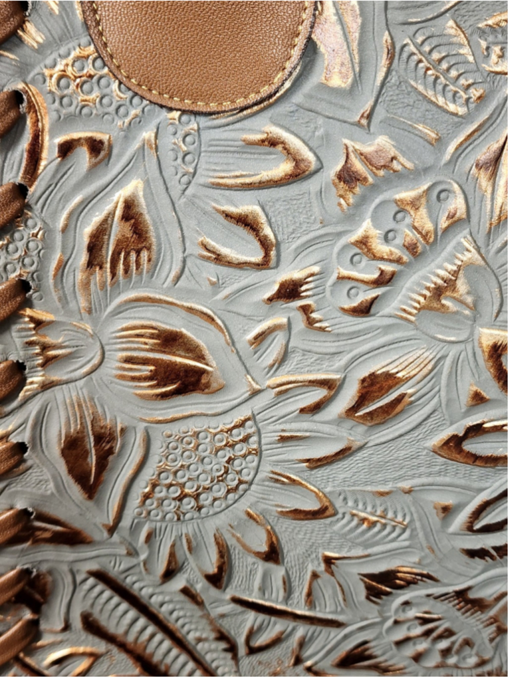 Sunflowers Blue Gray Bronze Stitched Embossed Tooled Artisan LEATHER Bag Purse - Picture 12 of 16